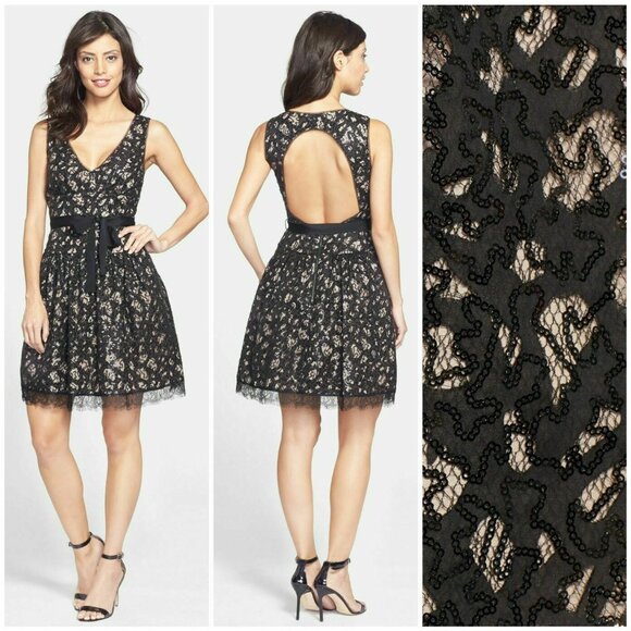Felicity & Coco Black Beige Lace Cocktail Dress Size M Cutout 8240 Sequin - Picture 1 of 9